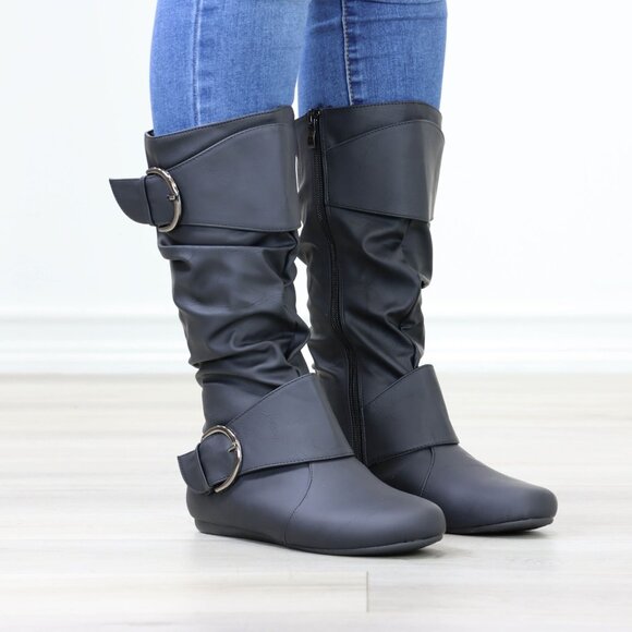 Black Mid-Calf Boots Slouch Shaft Faux Leather Side Zip Flat Sole - Picture 7 of 14